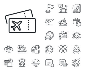 Airplane tickets sign. Plane jet, travel map and baggage claim outline icons. Boarding pass line icon. Check in flight symbol. Boarding pass line sign. Car rental, taxi transport icon. Vector