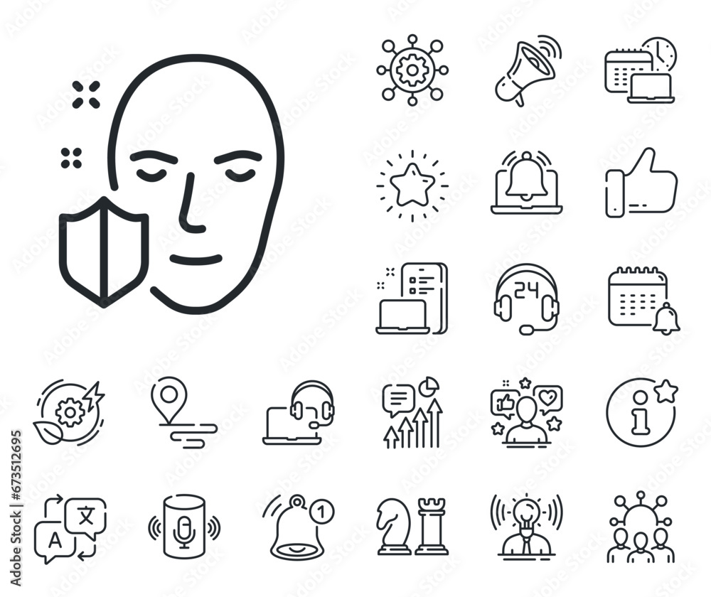 Poster secure access sign. place location, technology and smart speaker outline icons. face detection prote