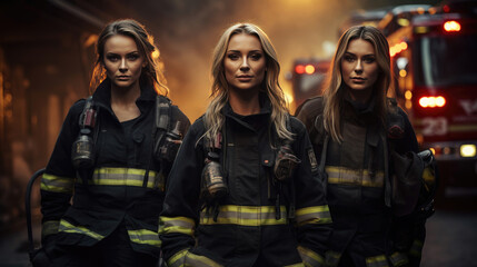 Group of young beautiful women firefighters in special uniforms against background of smoke. Female portrait. Blonde, brunette, red-haired woman. White adult people. Team work. Red car. Generative AI - obrazy, fototapety, plakaty
