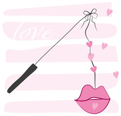 Vector fishing rod with hearts on string and ribbon and love lettering