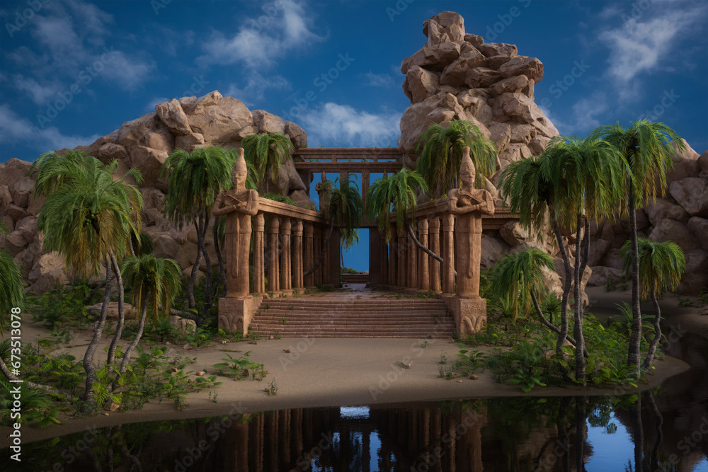Poster Ancient Egyptian temple with stone columns and statues surrounded by rocks and palm trees next to a lake. 3D rendering.