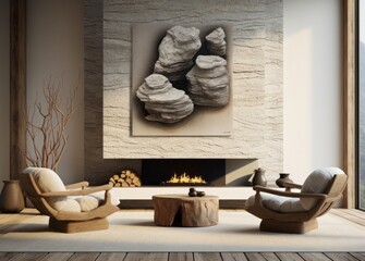 Nature-Inspired Harmony: Wooden Modern Living Room with Textured Canvas