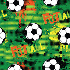 Football seamless pattern with Soccer ball on grunge geometric background, green field. Dots Zigzag lines wallpaper. Repeat sport print. Spot splatters and text Football © Kseniia Koval