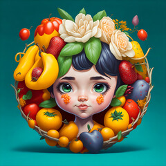 Illustration of beautiful woman in fruit frame

