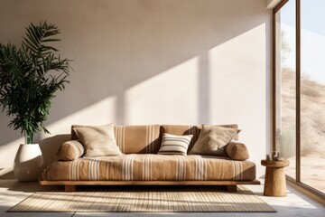 Serene Simplicity: Neutral Striped Sofa in Front of Window