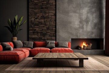 Rustic Elegance: Black and Red Sofa in Living Room View