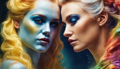 Fototapeta premium Portrait of two attractive young women looking each other in the eyes. The concept of female friendship, love and beloved. Women Club. Colorful hairs, burst of colors on background, paint drops splash