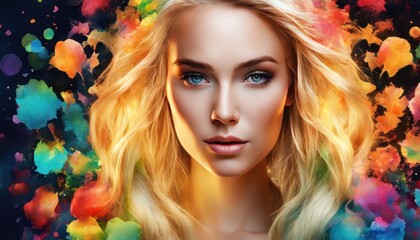 Fototapeta premium Portrait of two attractive young women looking each other in the eyes. The concept of female friendship, love and beloved. Women Club. Colorful hairs, burst of colors on background, paint drops splash