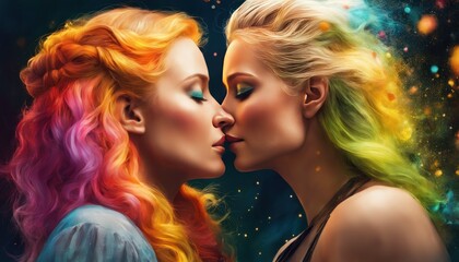 Fototapeta premium Two pretty sexy stylish cool generation z girls lgbtq lesbian couple with colorful hairs dating in love enjoying intimate tender sensual moment together. color drops, intricate and intense oil paint