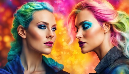Obraz na płótnie Canvas Portrait of two attractive young women looking each other in the eyes. The concept of female friendship, love and beloved. Women Club. Colorful hairs, burst of colors on background, paint drops splash