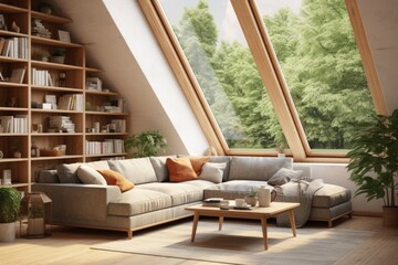 Cabincore Elegance: Attic Living Room with Wall Plants and Sofa