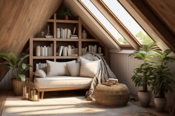 Fototapeta na wymiar Cabincore Elegance: Attic Living Room with Wall Plants and Sofa