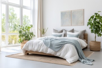 Elegance in Nature: Grey Bed, White Pillows, and Abundant Plants