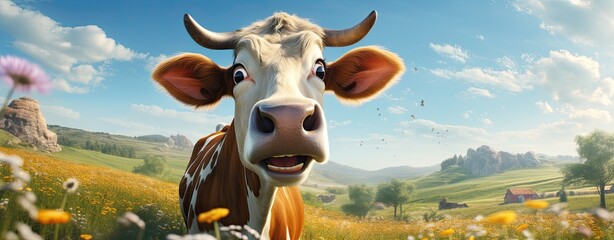 crazy cow on pasture - obrazy, fototapety, plakaty