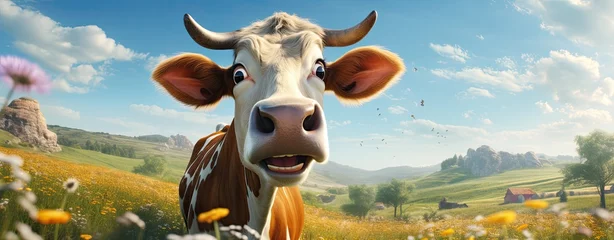 Deurstickers crazy cow on pasture © neirfy