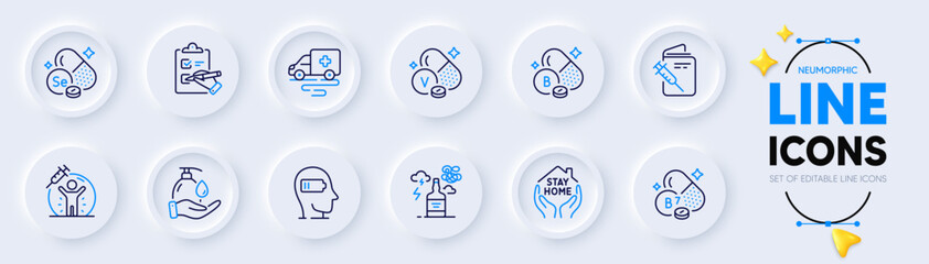 Vanadium mineral, Stay home and Boron mineral line icons for web app. Pack of Biotin vitamin, Alcohol addiction, Vaccination passport pictogram icons. Wash hands, Vaccine protection. Vector