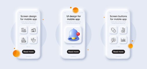 Financial goal, Chemistry lab and Capsule pill line icons pack. 3d phone mockups with bell alert. Glass smartphone screen. Ranking stars, Investment, Fake news web icon. Vector
