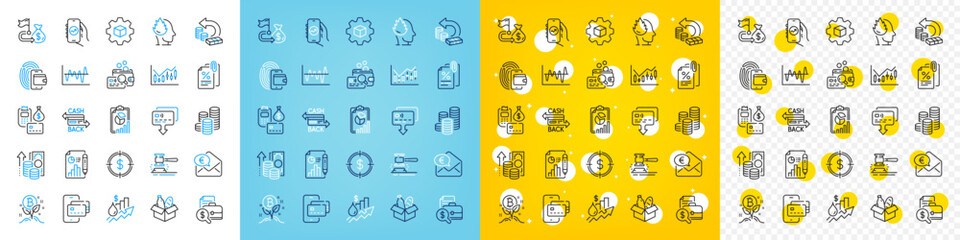 Vector icons set of Financial goal, Inspect and Cash back line icons pack for web with Report document, Tax documents, Report outline icon. Coins, Euro money, Product development pictogram. Vector