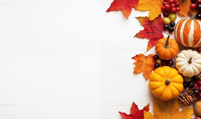 fall halloween thanksgiving concept.  festive autumn decor from pumpkins, berries and leaves on white background.  flat lay composition with copy space