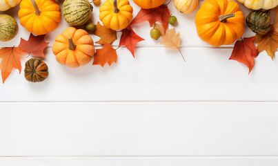 fall halloween thanksgiving concept.  festive autumn decor from pumpkins, berries and leaves on white wooden background.  flat lay composition with copy space