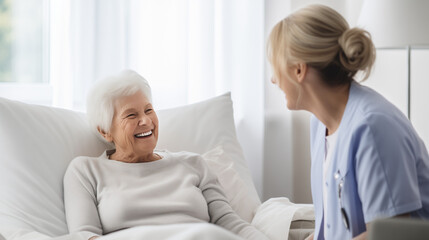 Fototapeta premium Caregiver nurse accompanying elderly woman, retirement