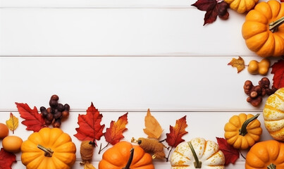 fall halloween thanksgiving concept.  festive autumn decor from pumpkins, berries and leaves on white wooden background.  flat lay composition with copy space