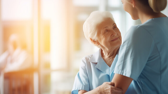 Caregiver nurse accompanying elderly woman, retirement