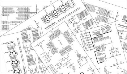 Vector electrical schematic diagram background.
Radio engineering drawings on white paper sheets.
Scheme of an digital electronic device.