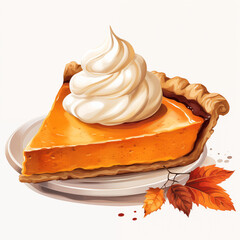 Slice of Pumpkin Pie with Whipped Cream on White Background Clip art