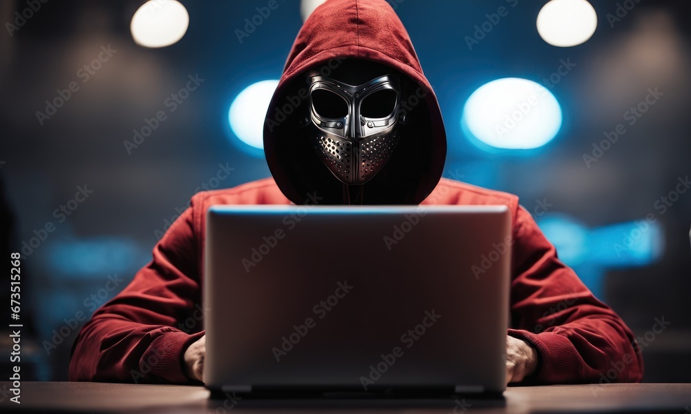 Poster a man in mask with hood behind laptop. symbol of group of hackers and anti system uprising against g