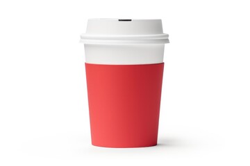 Takeaway coffee cup with red cover on white background