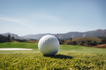 close up view of golf ball on green lawn in golf course, blurred background landscape with trees
