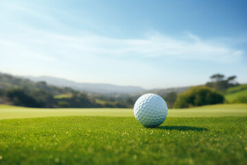 close up view of golf ball on green lawn in golf course, blurred background landscape with trees