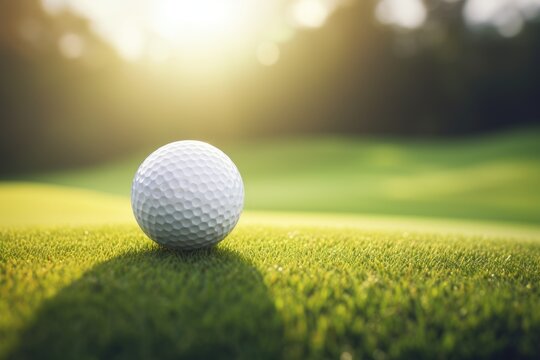 close up view of golf ball on green lawn in golf course, blurred background landscape with trees
