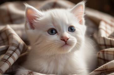 Fantastic little cute white kitten on a background of a woolen blanket