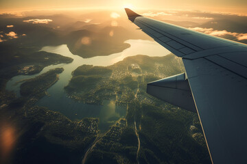 Obraz premium A view from the window of an airplane. Flying over the ground, view over an abyss, flying . Beautiful scenic view of sunset through aircraft window. Image save-path for window airplane.