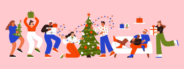 Christmas people vector flat illustration set. Friends celebrate Christmas. Winter holidays. New Year party