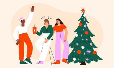 Christmas people vector flat illustration. Friends celebrate Christmas. New Year party