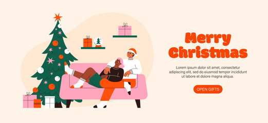 Christmas people vector flat illustration. Couple celebrating Christmas at home.  A guy and a girl are sitting on the sofa near the Christmas tree