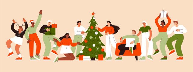 Christmas people vector flat illustration set. Friends celebrate New Year. Winter holidays. Christmas party