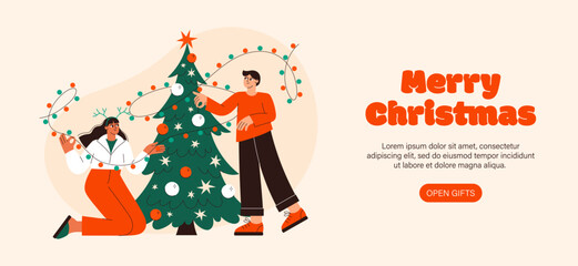 Christmas people vector flat illustration. Couple decorating Christmas tree. A guy and a girl celebrating New Year