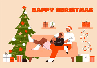 Christmas people vector flat illustration. Couple celebrating Christmas at home.  A guy and a girl are sitting on the sofa near the Christmas tree