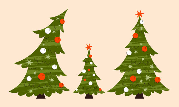 Christmas tree vector flat illustration set. Modern textured Christmas tree clipart