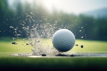 Golf ball with sand particles splashing on green grass and blurred green trees background