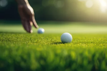 Foto op Plexiglas blurred golfer hand taking golf ball on a green meadow of a golf course © gankevstock