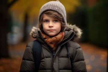 Autumn portrait of a cute little boy in a warm coat and hat