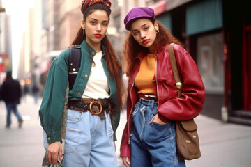 90s, hipsters Memphis style, 1990s, Retro music party, Funky, retrowave, cassette time, tape recorder neon, Fashion street style, bright looks, imported clothing, evocative style.