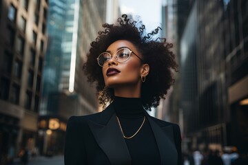 A contemporary black businesswoman. her poise and elegance harmonizing with the dynamic cityscape. generative AI
