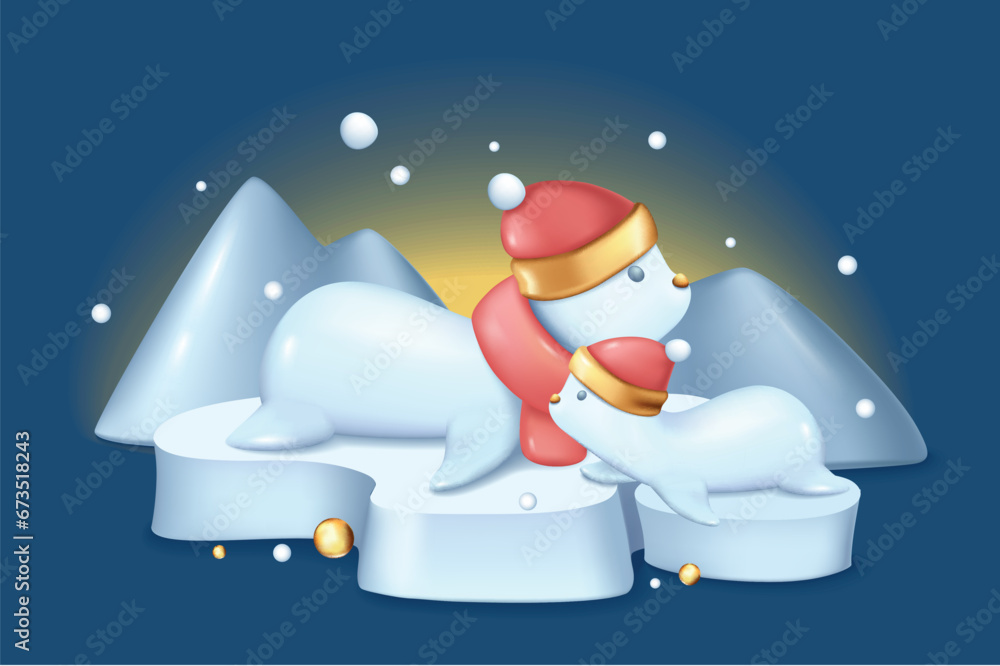 Poster christmas and new year 2024 background in 3d realistic design. cute white seals in santa claus hats 