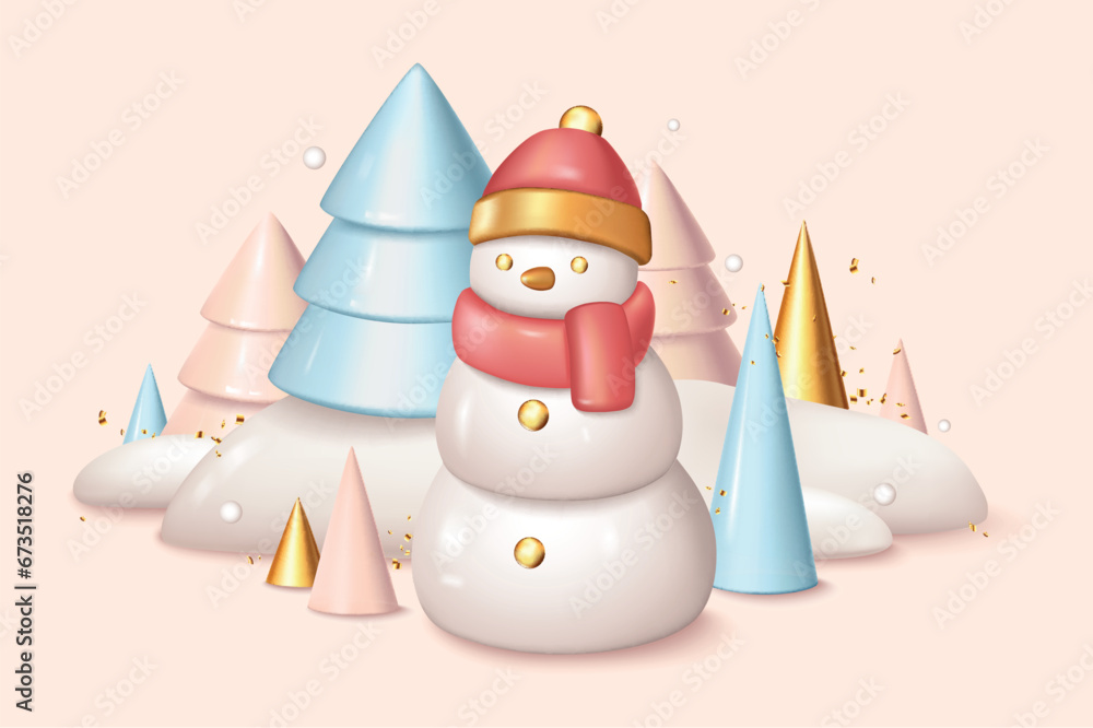 Poster christmas and new year 2024 background in 3d realistic design. festive pine trees, geometric shapes 
